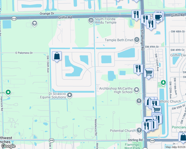 map of restaurants, bars, coffee shops, grocery stores, and more near 5126 Waters Edge Way in Cooper City