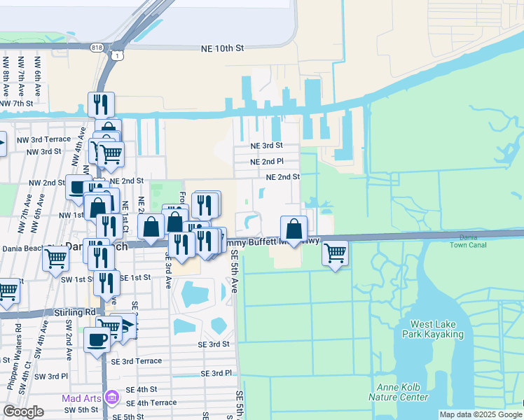 map of restaurants, bars, coffee shops, grocery stores, and more near in Dania Beach