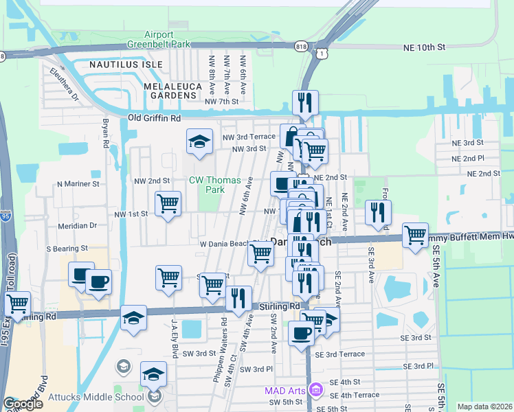 map of restaurants, bars, coffee shops, grocery stores, and more near 126 Northwest 5th Avenue in Dania Beach