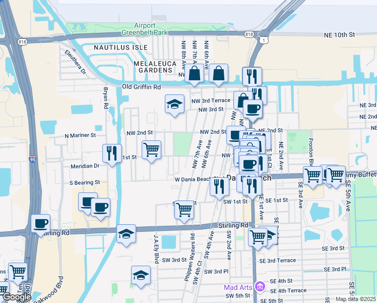 map of restaurants, bars, coffee shops, grocery stores, and more near 118 Northwest 8th Avenue in Dania Beach
