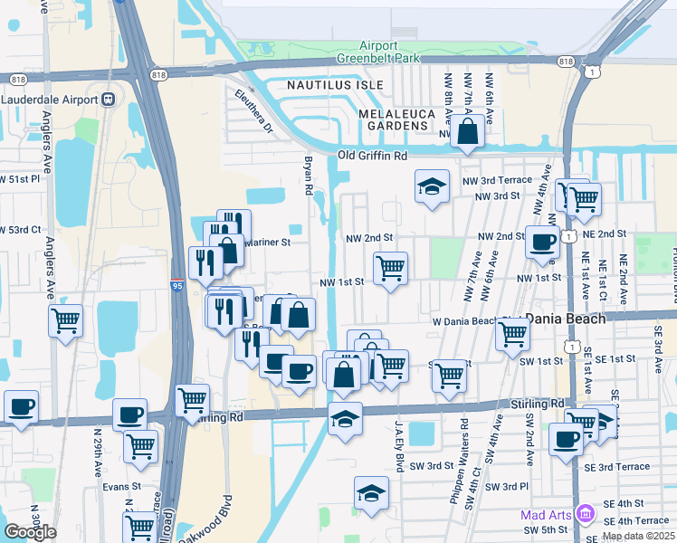 map of restaurants, bars, coffee shops, grocery stores, and more near 148 Northwest 14th Way in Dania Beach
