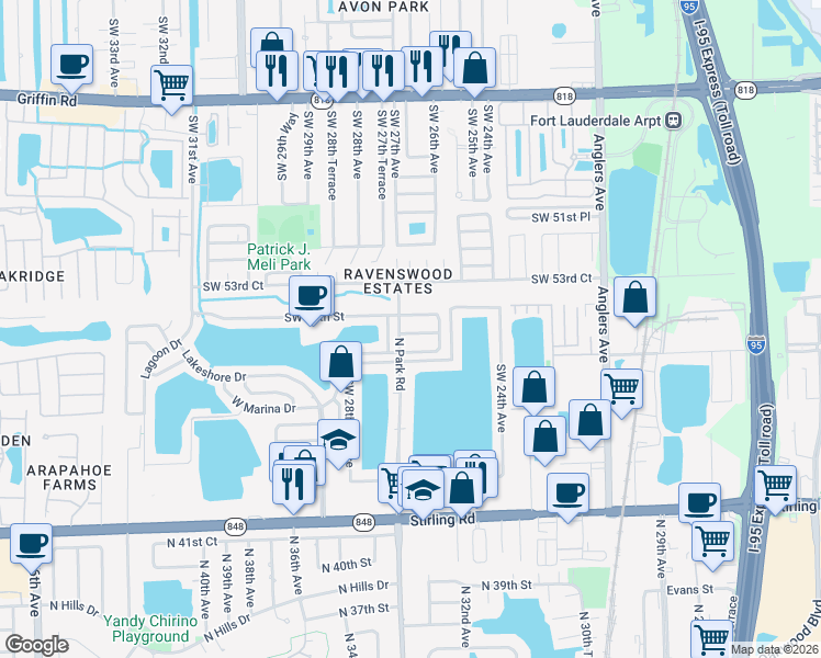 map of restaurants, bars, coffee shops, grocery stores, and more near 2701 Southwest 54th Street in Fort Lauderdale