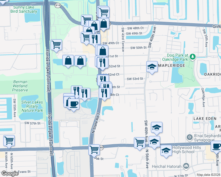 map of restaurants, bars, coffee shops, grocery stores, and more near 4521 Southwest 54th Street in Fort Lauderdale