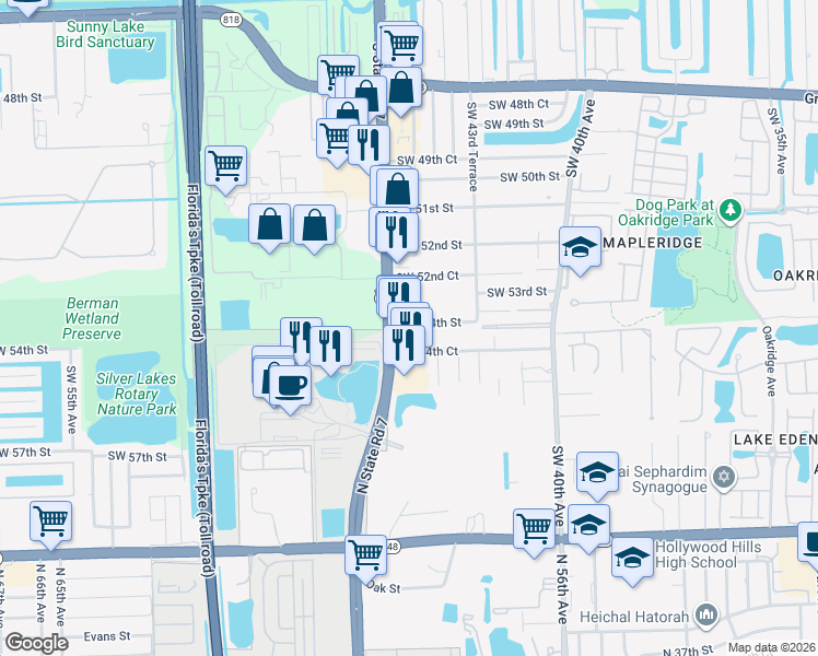 map of restaurants, bars, coffee shops, grocery stores, and more near 4521 Southwest 54th Street in Fort Lauderdale