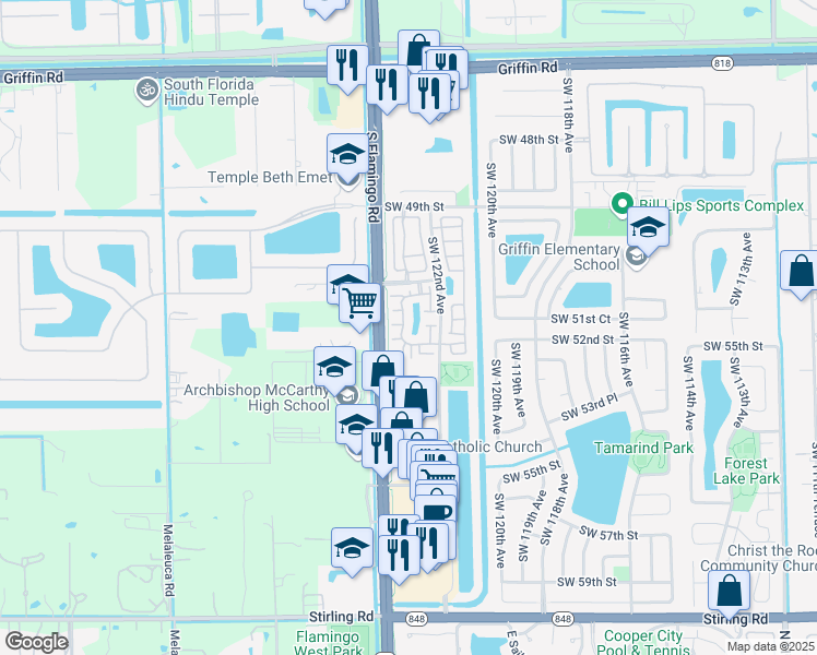 map of restaurants, bars, coffee shops, grocery stores, and more near 5189 Southwest 122nd Terrace in Cooper City