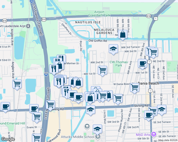 map of restaurants, bars, coffee shops, grocery stores, and more near 109 Northwest 14th Way in Dania Beach