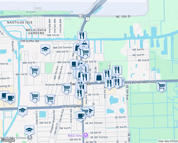 map of restaurants, bars, coffee shops, grocery stores, and more near 118 Northeast 1st Court in Dania Beach