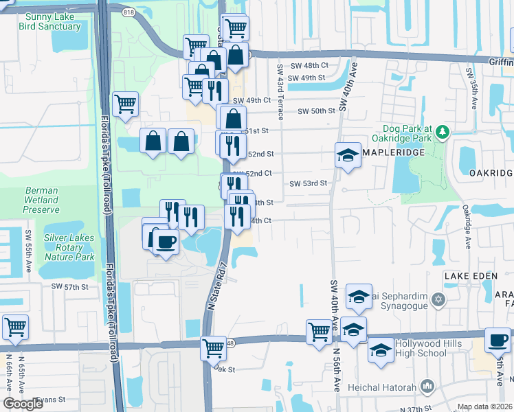 map of restaurants, bars, coffee shops, grocery stores, and more near 4522 Southwest 54th Street in Fort Lauderdale