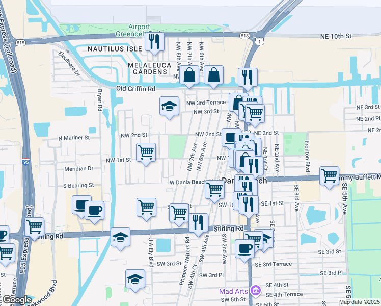 map of restaurants, bars, coffee shops, grocery stores, and more near 124 Northwest 7th Avenue in Dania Beach