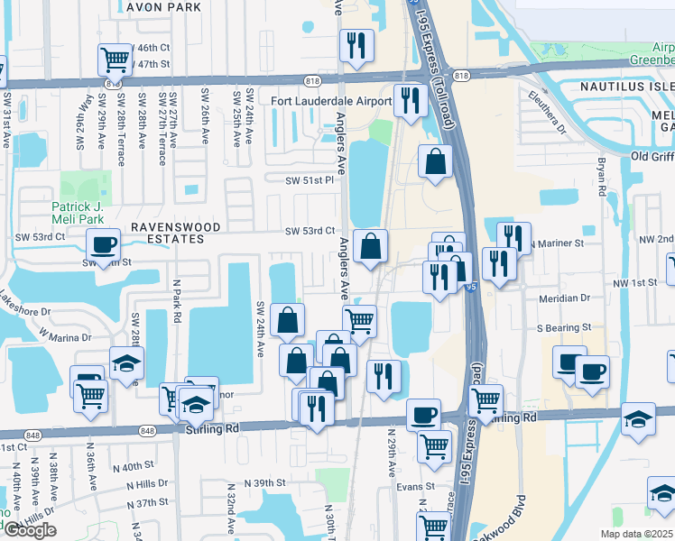 map of restaurants, bars, coffee shops, grocery stores, and more near 5411 Anglers Avenue in Fort Lauderdale