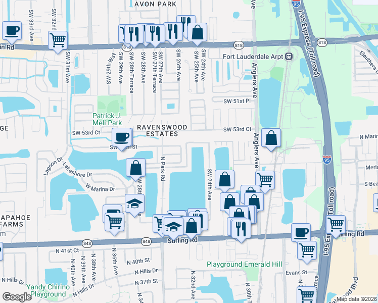 map of restaurants, bars, coffee shops, grocery stores, and more near 2436 Southwest 54th Street in Fort Lauderdale