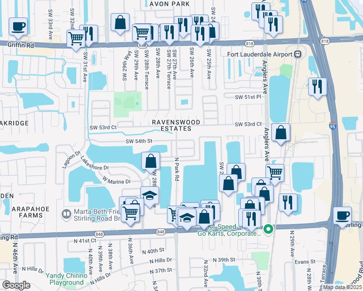 map of restaurants, bars, coffee shops, grocery stores, and more near 2701 Southwest 54th Street in Fort Lauderdale
