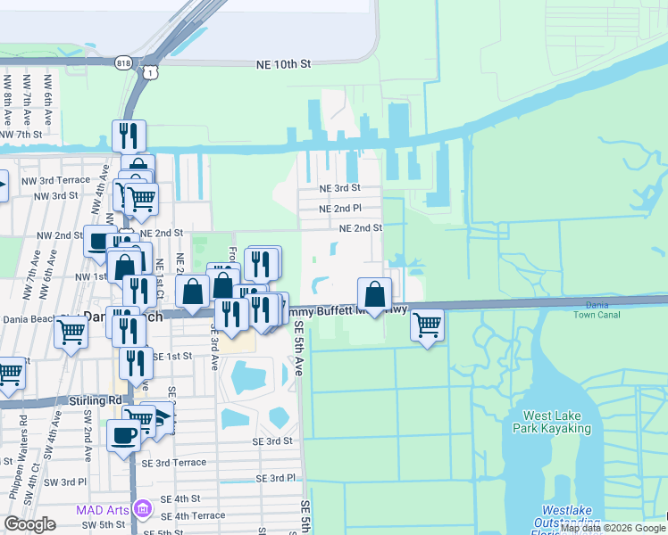 map of restaurants, bars, coffee shops, grocery stores, and more near 608 Northeast 2nd Street in Dania Beach