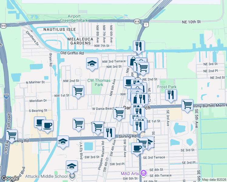 map of restaurants, bars, coffee shops, grocery stores, and more near 126 Northwest 5th Avenue in Dania Beach