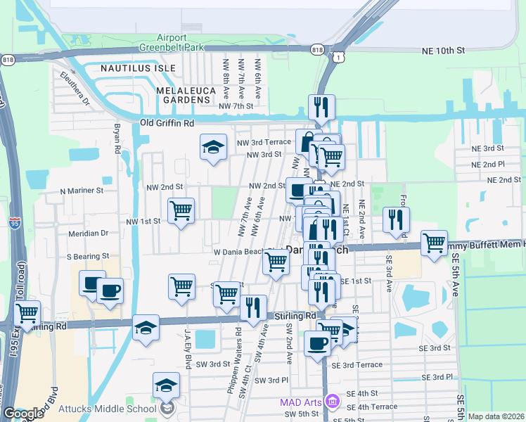 map of restaurants, bars, coffee shops, grocery stores, and more near 110 Northwest 6th Avenue in Dania Beach