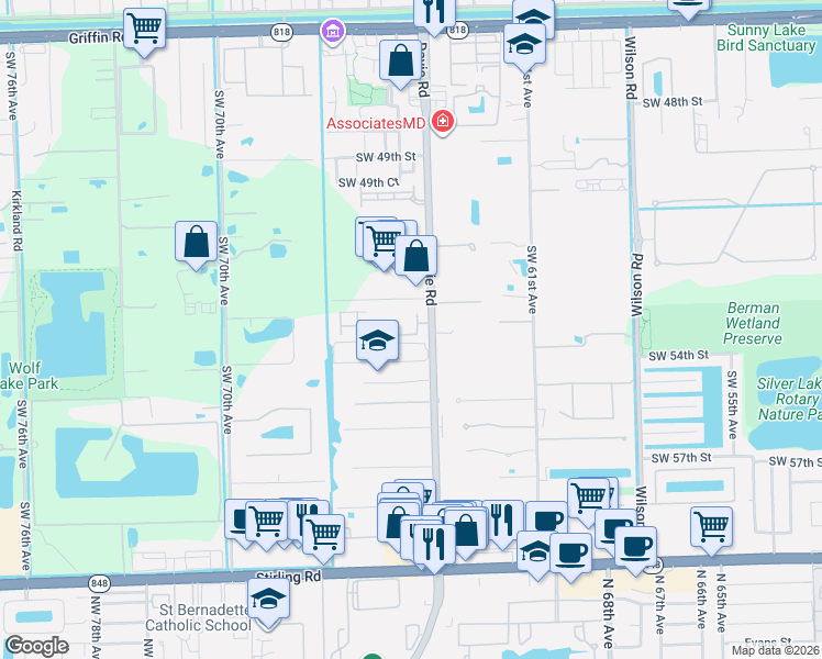 map of restaurants, bars, coffee shops, grocery stores, and more near 5401 Southwest 64th Avenue in Davie