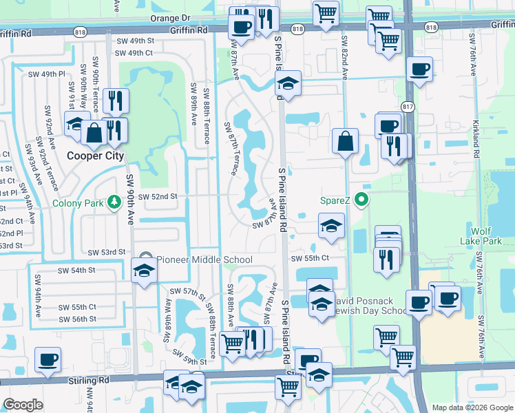 map of restaurants, bars, coffee shops, grocery stores, and more near 8715 Southwest 52nd Street in Cooper City