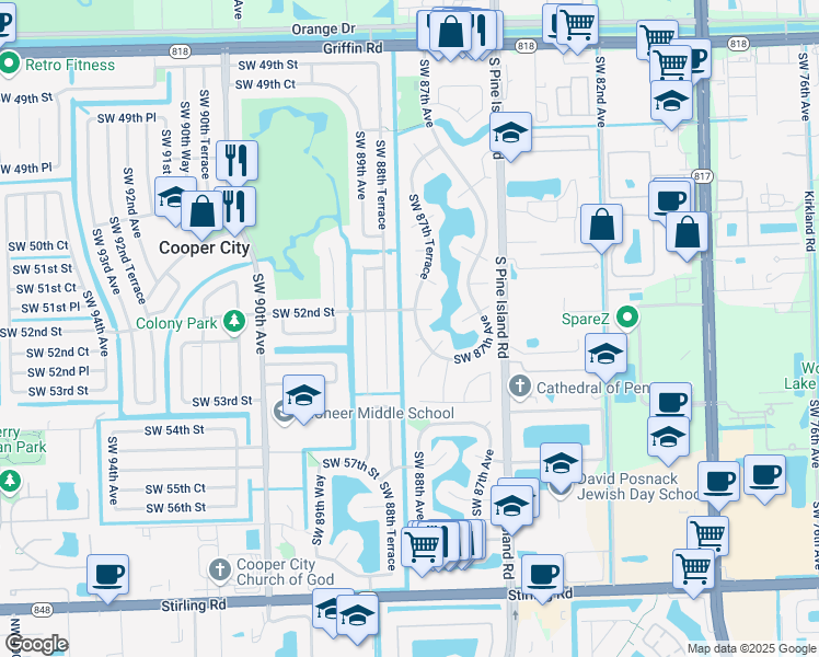 map of restaurants, bars, coffee shops, grocery stores, and more near 5201 Southwest 87th Terrace in Cooper City