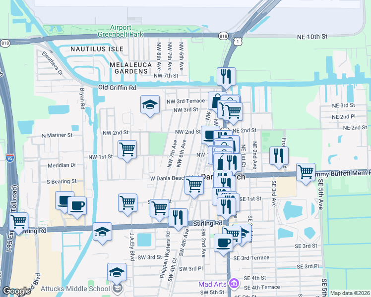 map of restaurants, bars, coffee shops, grocery stores, and more near 126 Northwest 5th Avenue in Dania Beach