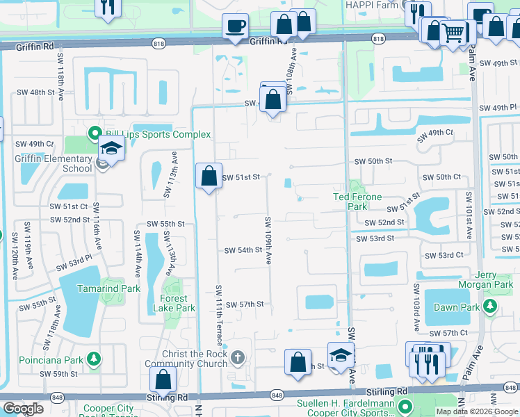 map of restaurants, bars, coffee shops, grocery stores, and more near 5191 Southwest 109th Avenue in Davie