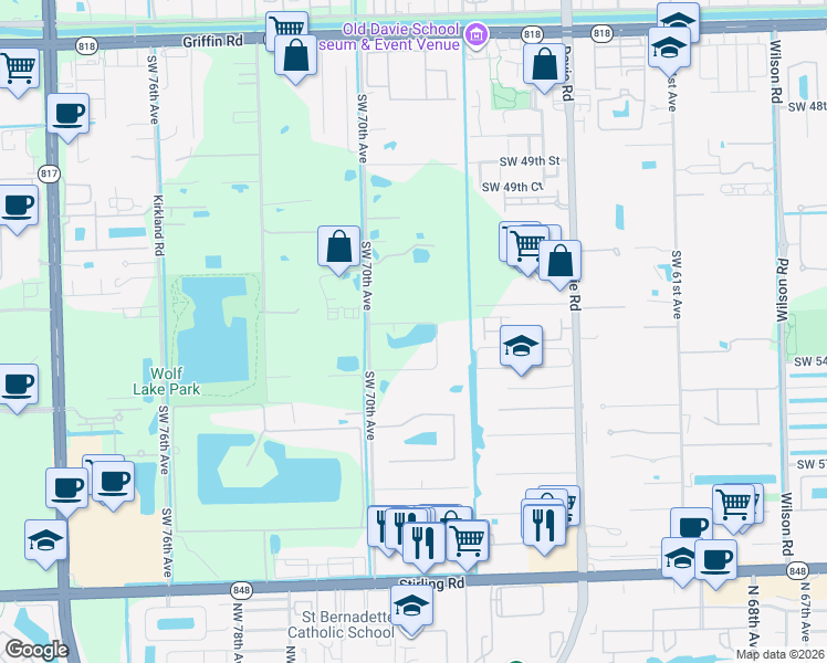 map of restaurants, bars, coffee shops, grocery stores, and more near 6864 North Stillwater Shores Drive in Davie