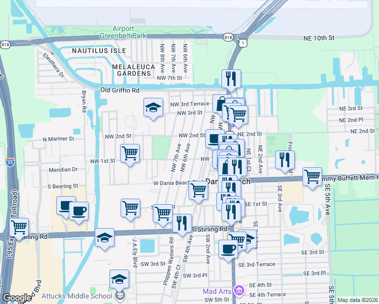 map of restaurants, bars, coffee shops, grocery stores, and more near 126 Northwest 5th Avenue in Dania Beach