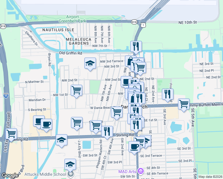 map of restaurants, bars, coffee shops, grocery stores, and more near 126 Northwest 5th Avenue in Dania Beach