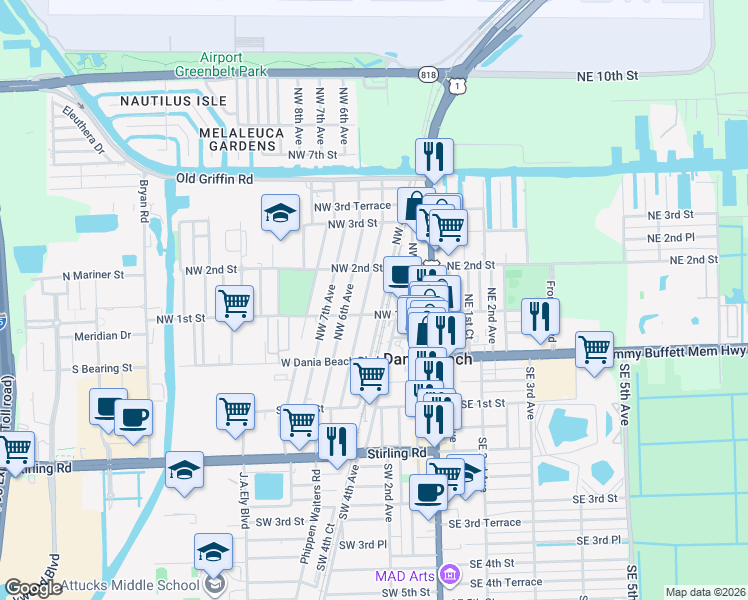 map of restaurants, bars, coffee shops, grocery stores, and more near 126 Northwest 5th Avenue in Dania Beach