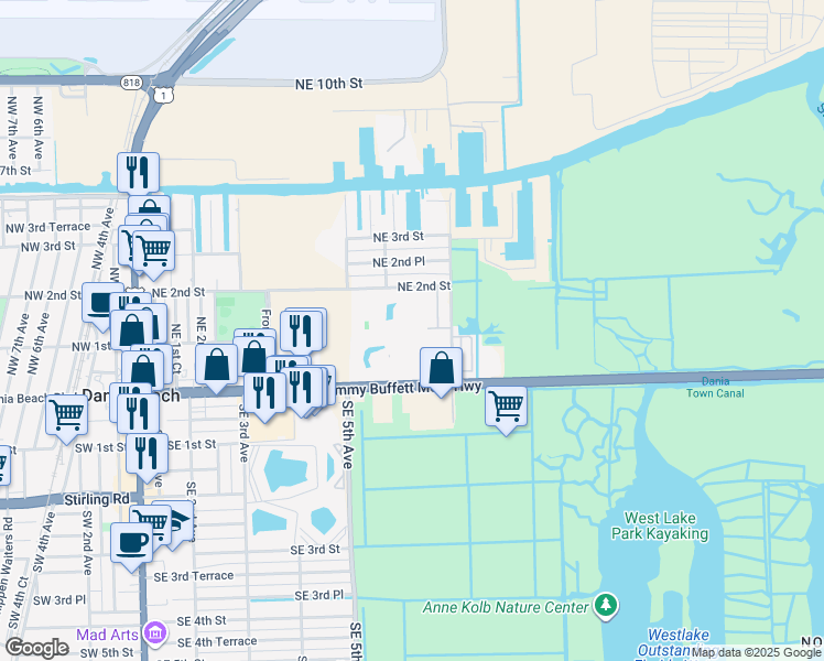 map of restaurants, bars, coffee shops, grocery stores, and more near 176 Northeast 6th Court in Dania Beach