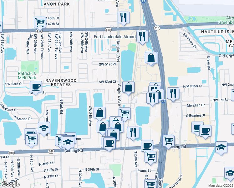 map of restaurants, bars, coffee shops, grocery stores, and more near 5411 Anglers Avenue in Fort Lauderdale