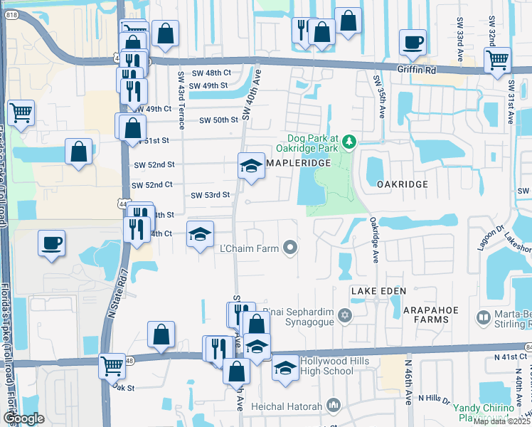 map of restaurants, bars, coffee shops, grocery stores, and more near 3900 Southwest 53rd Court in Fort Lauderdale