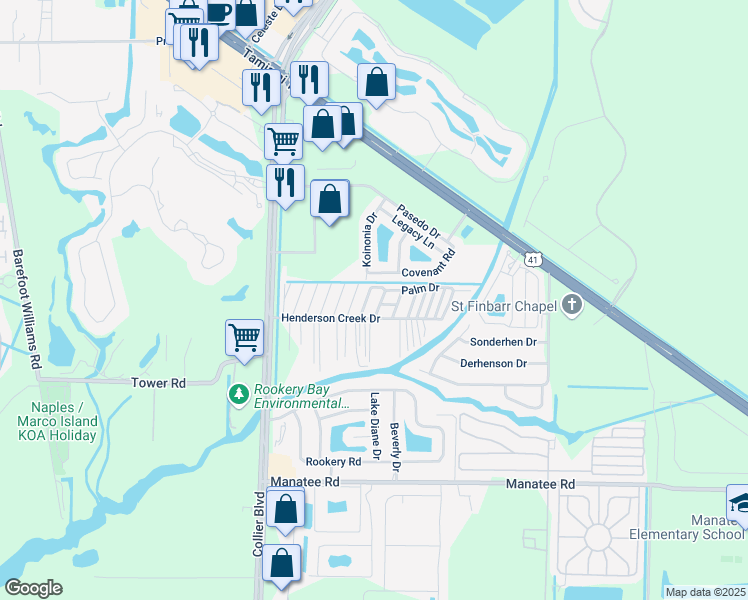 map of restaurants, bars, coffee shops, grocery stores, and more near 455 Palm Drive in Naples