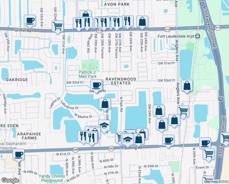 map of restaurants, bars, coffee shops, grocery stores, and more near 2775 Southwest 54th Street in Fort Lauderdale