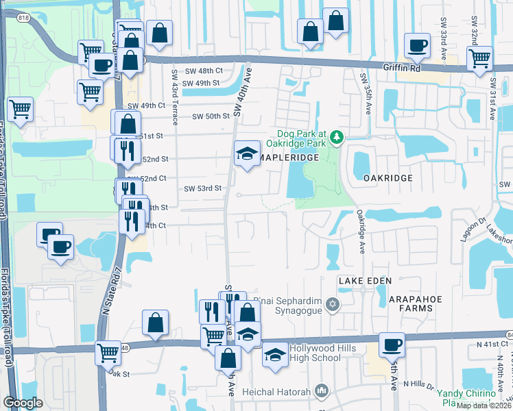 map of restaurants, bars, coffee shops, grocery stores, and more near 3900 Southwest 53rd Court in Fort Lauderdale