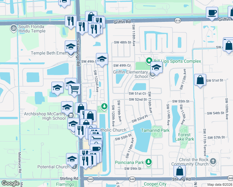 map of restaurants, bars, coffee shops, grocery stores, and more near 11991 Southwest 51st Court in Cooper City