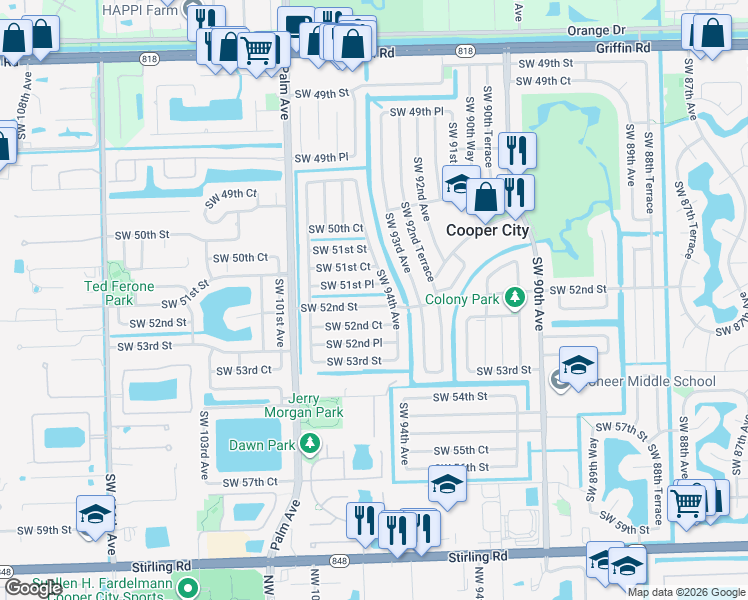 map of restaurants, bars, coffee shops, grocery stores, and more near 9424 Southwest 51st Place in Cooper City