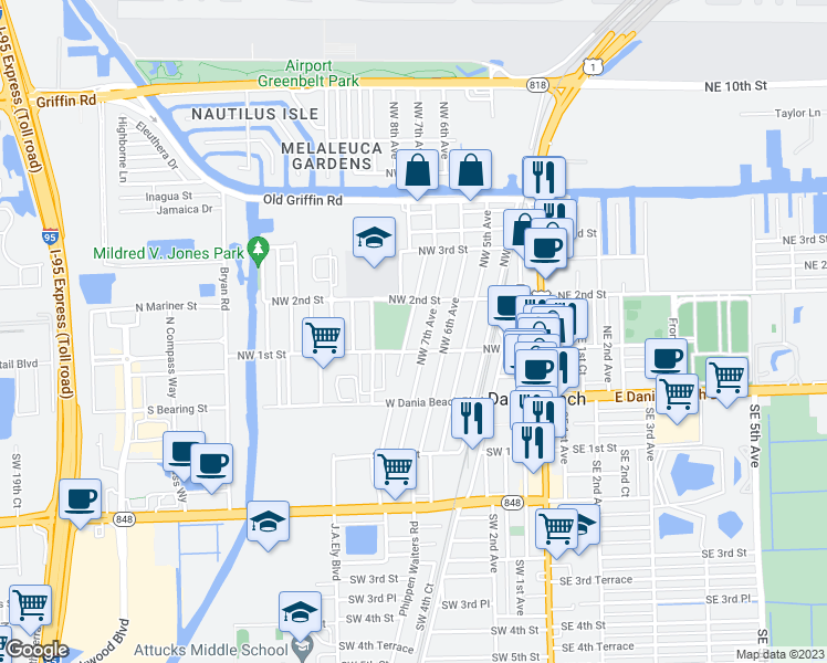 map of restaurants, bars, coffee shops, grocery stores, and more near 118 Northwest 8th Avenue in Dania Beach