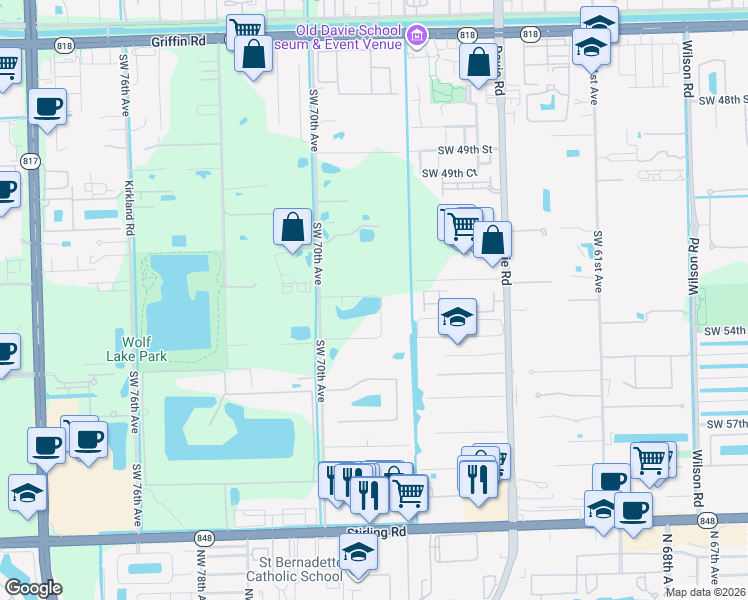 map of restaurants, bars, coffee shops, grocery stores, and more near 6864 North Stillwater Shores Drive in Davie