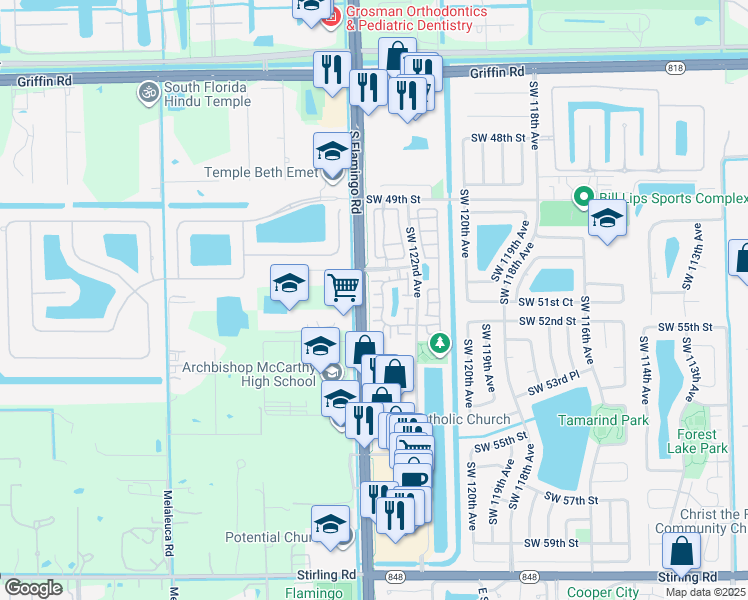 map of restaurants, bars, coffee shops, grocery stores, and more near 12397 Southwest 51st Place in Cooper City