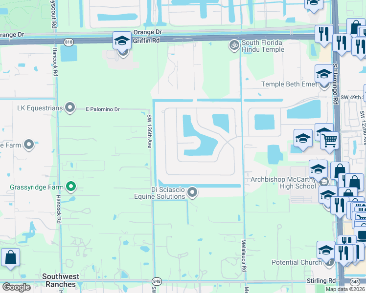 map of restaurants, bars, coffee shops, grocery stores, and more near 13363 Lakepointe Circle in Cooper City