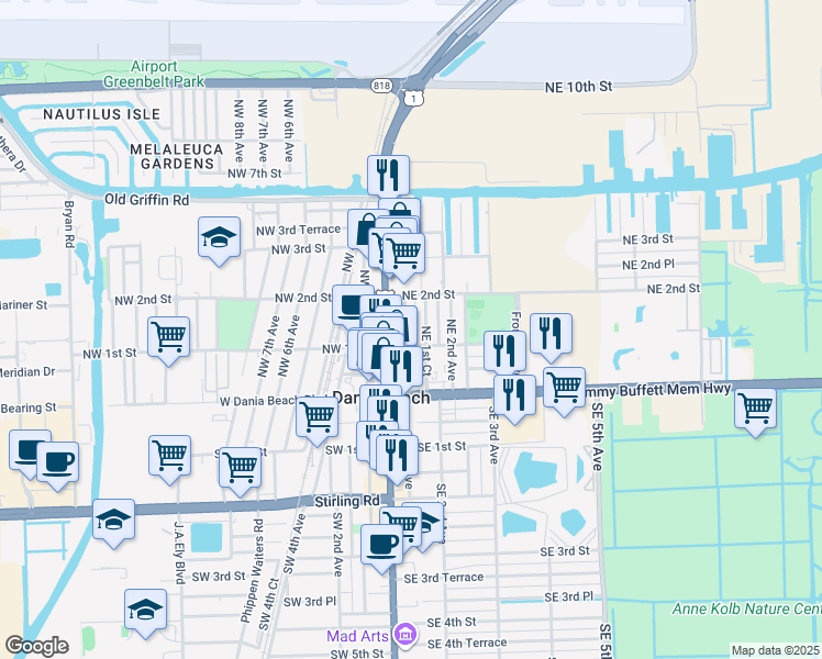 map of restaurants, bars, coffee shops, grocery stores, and more near 138 North Federal Highway in Dania Beach