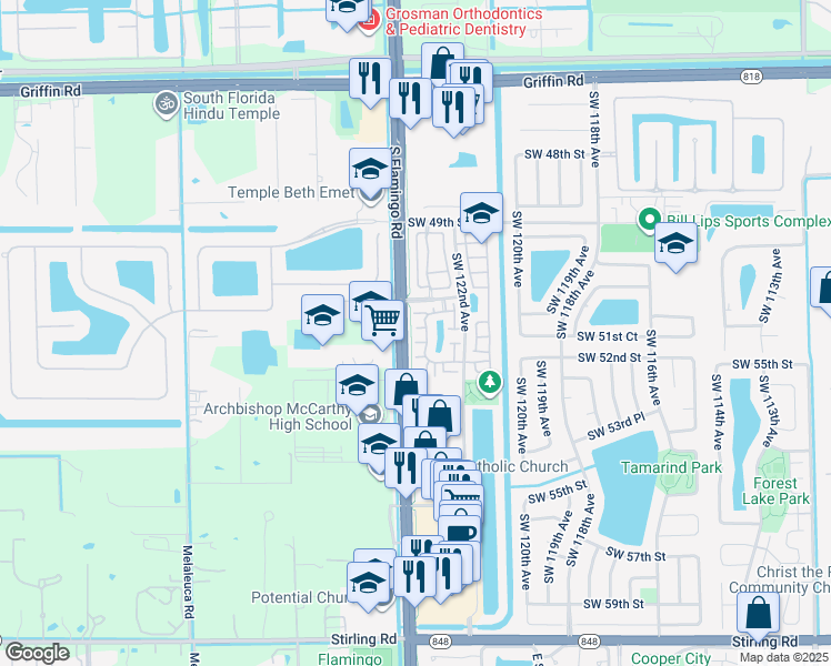 map of restaurants, bars, coffee shops, grocery stores, and more near 12397 Southwest 51st Place in Cooper City