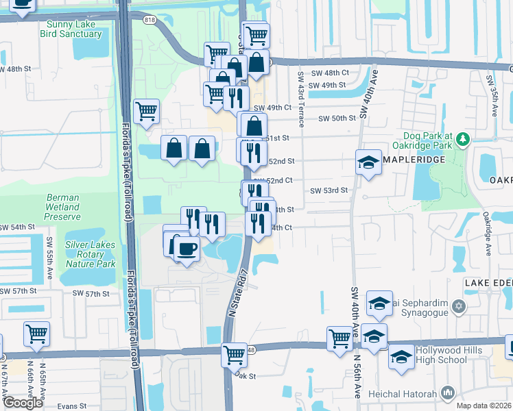map of restaurants, bars, coffee shops, grocery stores, and more near 4521 Southwest 54th Street in Fort Lauderdale