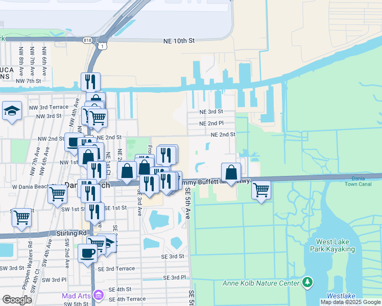 map of restaurants, bars, coffee shops, grocery stores, and more near in Dania Beach