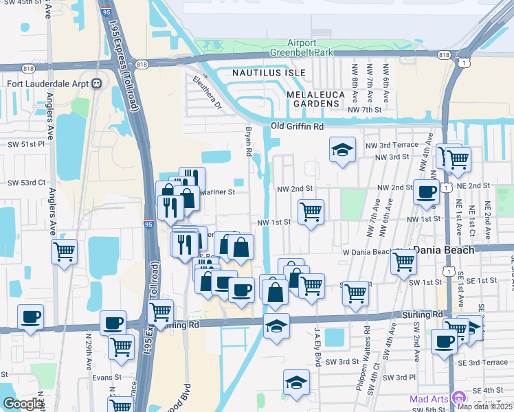 map of restaurants, bars, coffee shops, grocery stores, and more near 110 N Bryan Rd in Dania Beach