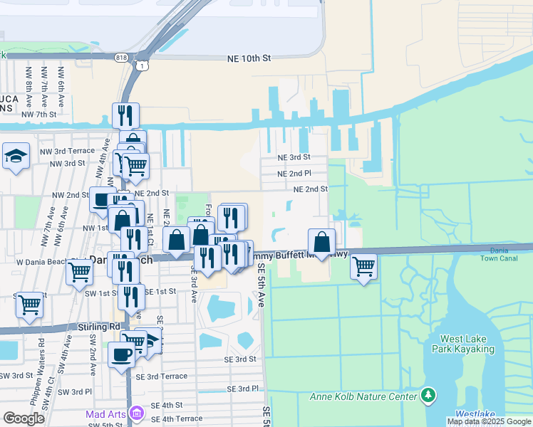map of restaurants, bars, coffee shops, grocery stores, and more near in Dania Beach