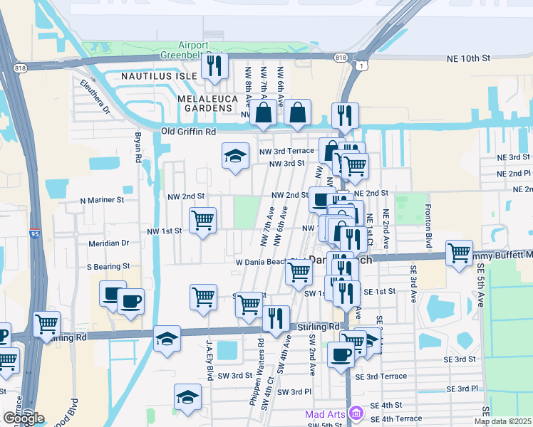 map of restaurants, bars, coffee shops, grocery stores, and more near 124 Northwest 7th Avenue in Dania Beach