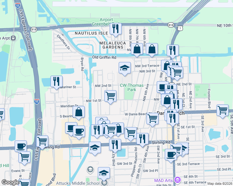 map of restaurants, bars, coffee shops, grocery stores, and more near 124 Northwest 11th Avenue in Dania Beach