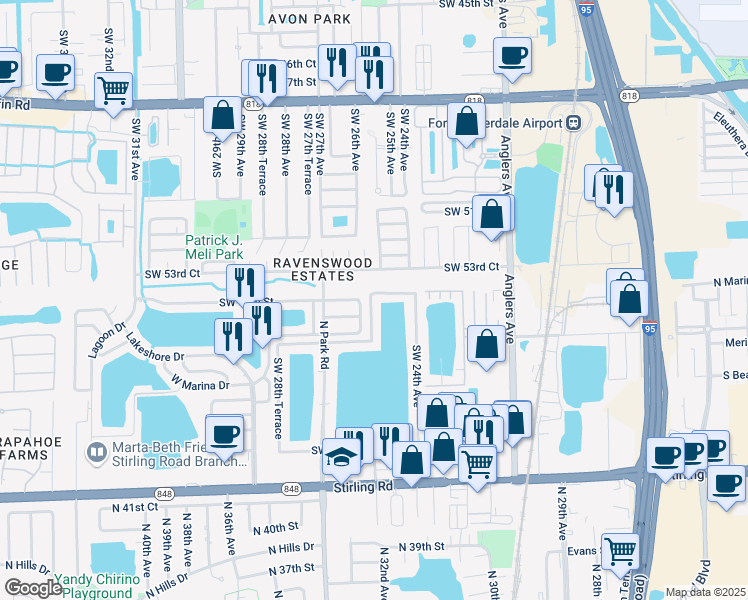 map of restaurants, bars, coffee shops, grocery stores, and more near 2436 Southwest 54th Street in Fort Lauderdale
