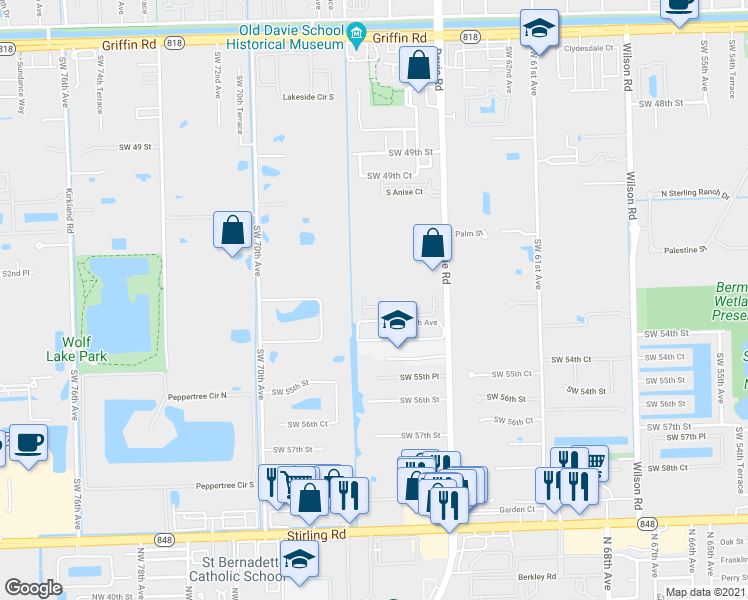 map of restaurants, bars, coffee shops, grocery stores, and more near 5205 Golden Eagle Terrace in Davie